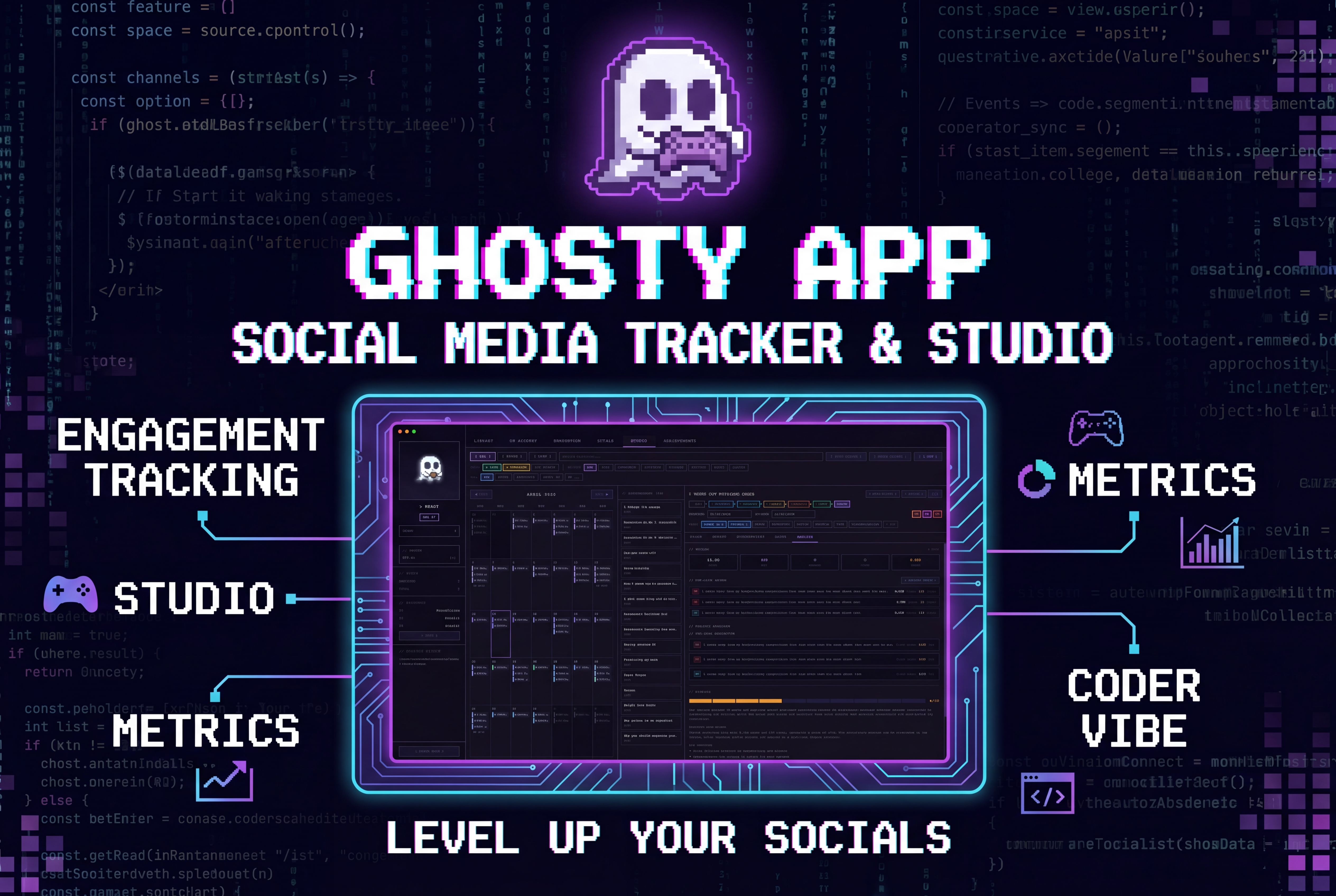 The Ghosty desktop app: a content calendar for April 2026 down the middle, a column of unscheduled video ideas beside it, and a panel breaking one post down by views, likes and engagement across TikTok, Instagram and YouTube.